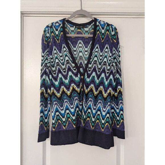 Nic+Zoe Cardigan women's size‎ Large purple Chevron gold buttons v-neck comfort - Picture 1 of 7